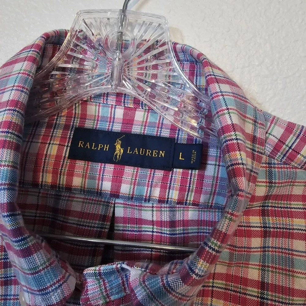 Ralph‎ Lauren Blue and Pink Plaid Longsleeve Button Front Polo Men's Size Large